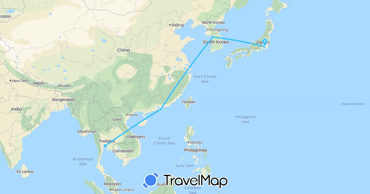TravelMap itinerary: boat in China, Japan, South Korea, Thailand (Asia)